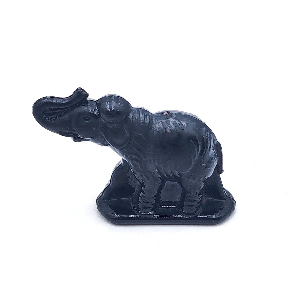 Vintage Miniature Molded Black Glass Elephant Figurine Trunk Up Good Luck
